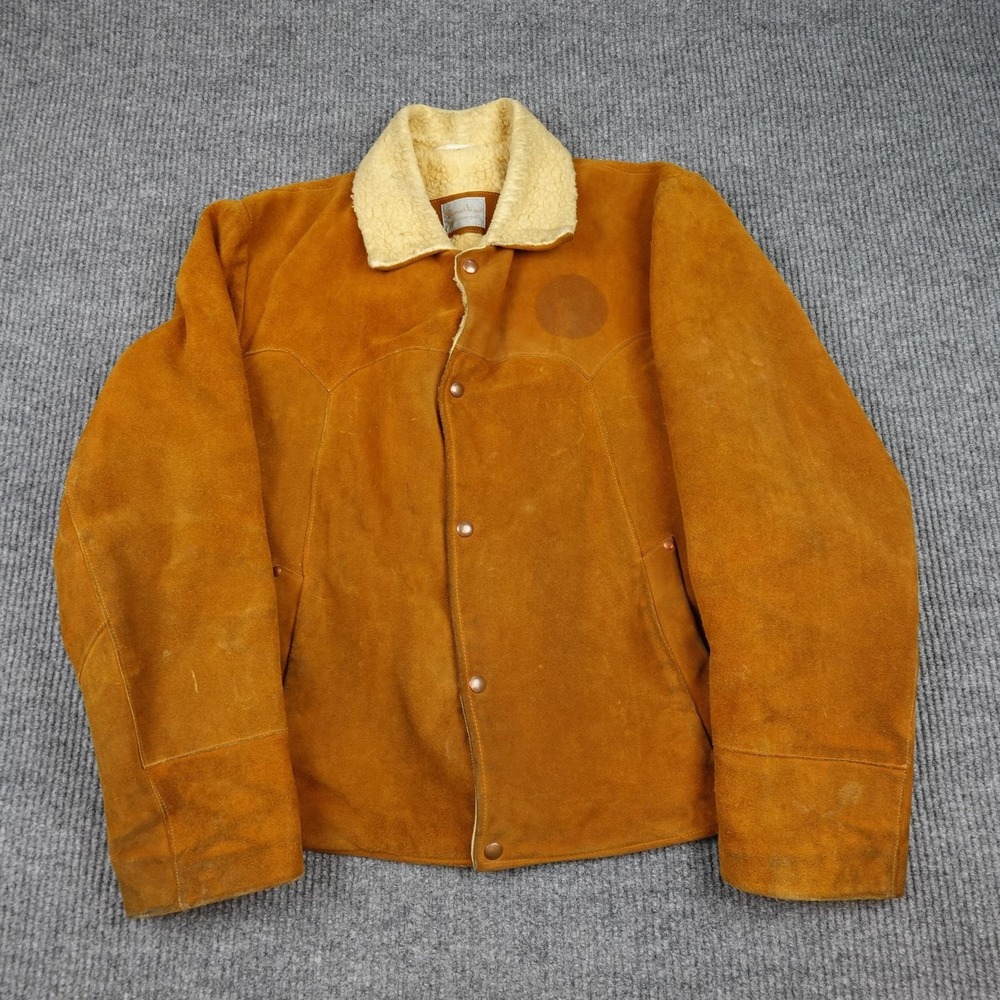 Vintage Pioneer Wear Jacket Mens 46 Brown Suede Sherpa Lined Western Bomber